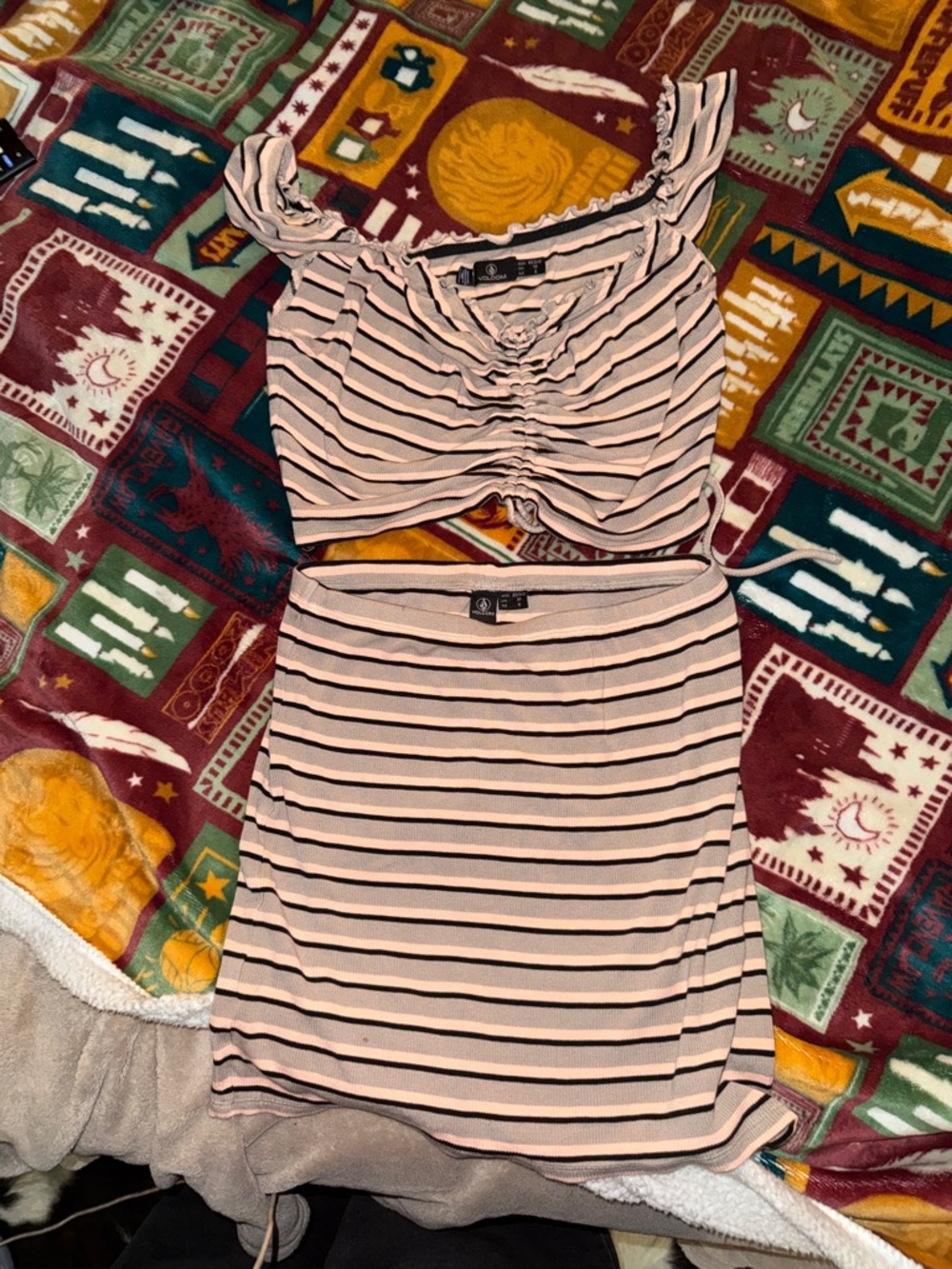 Volcom Pink and Black Striped Mini Skirt and Crop Top set